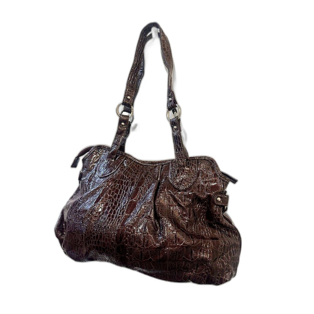 Alfred Dunner Brown Croc Embossed Faux Leather Shoulder Bag Tote Purse Zip - Picture 2 of 5